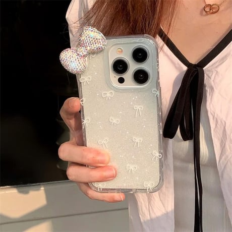 CUTECASEリボン iPhone16/16Proケース ダイヤリボン ラメ入り iPhone15Pro/14/13Proカバー キラキラ めっちゃ可愛い 高級感 CM4690