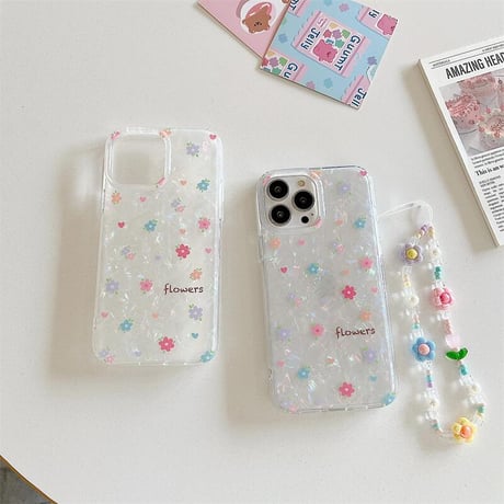 CUTECASE春におすすめ iPhone16pro/16ケース 花柄 シェル風 iphone15pro/14/13proカバー 花ストラップ 可愛い 淡色系CM5130
