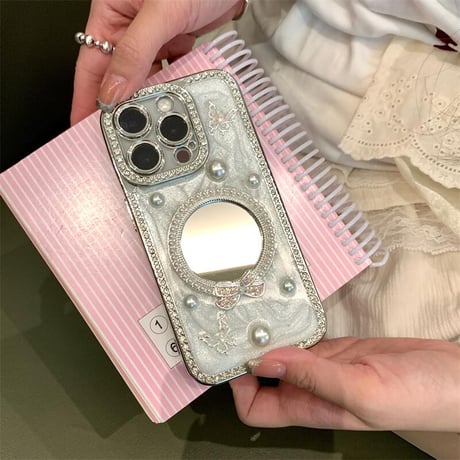 CUTECASE パールリボンミラー iPhone16/17proケース セレブ愛用エレガント iPhone15promax/14/13proカバー ジュエリーデコ ガールズファッション CM5636