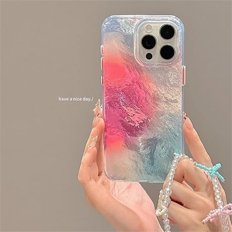 CUTECASE ぼかしカラー iPhone15/15proケース パールストラップ付 アイフォン14pro/13promax/12ケース 可愛い キラキラCM4467