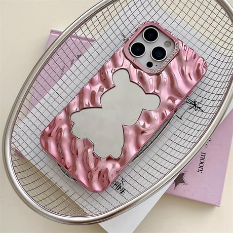 CUTECASE クマちゃんミラー iPhone17/16proケース ジュエリーデコ 波紋 iPhone15pro/14/13カバー メイク直し 可愛いCM5591