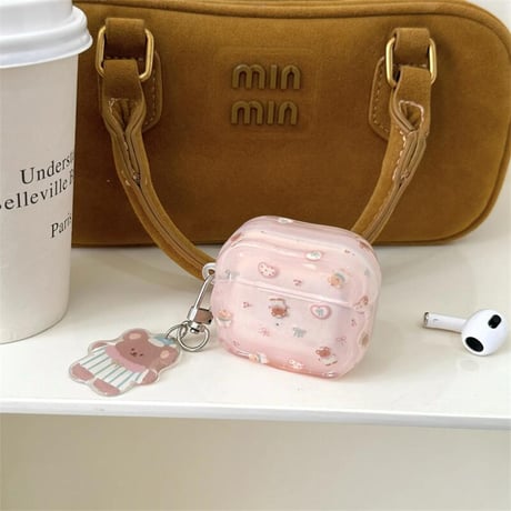 CUTECASE熊 Airpods 4ケース キーチェーン付 Airpods3/Pro2ケース airpodsproカバー めっちゃ可愛い うねうねCM5118