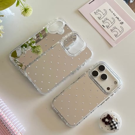 CUTECASE水玉模様ミラー iPhone17pro/17ケース 熊グリップ iPhone16/15promax/14ケース かわいい 多機能便利CM6352