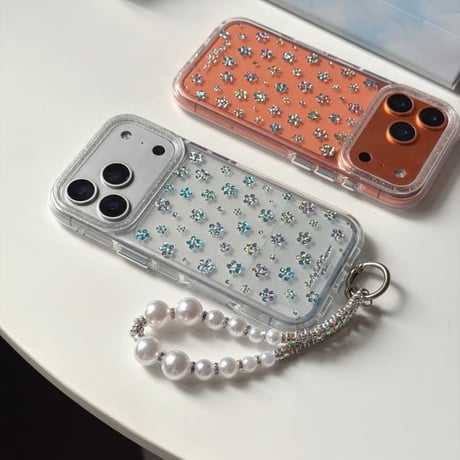 CUTECASE キラキラ花 iPhone17pro/17ケース ラメ入り iPhone16/15proケース 可愛いパールストラップ 女子力高いCM6160