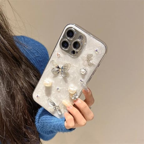 CUTECASEパール/ジュエリー蝶々 iPhone16Pro/16ケース リボンストラップ付 iPhone15Pro/14/13proカバー 華やか 上品 高品質 CM5181
