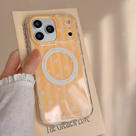 CUTECASEマグネット花グリップ iPhone17Pro/17ケース MagSafe対応 iPhone17ProMax/16/15Proカバー 韓国っぽい エレガント イエロー CM5850