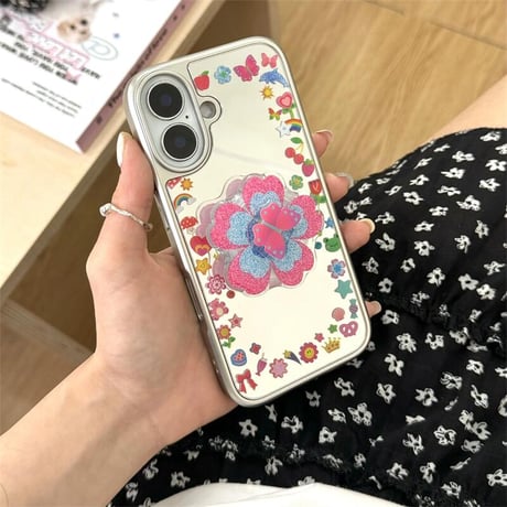 CUTECASEメイク鏡 iPhone16pro/16ケース 花/蝶グリップ iphone15pro/14/13proカバー 大人可愛い 春夏向け 便利CM5167