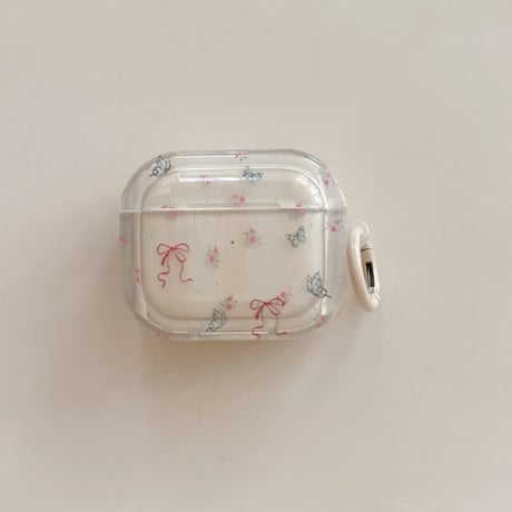 CUTECASE リボン柄 Airpods Pro3ケース 淡色系蝶柄 Airpods 4/3カバー AirpodsPro2/1 リング付き 春コーデ CM6126