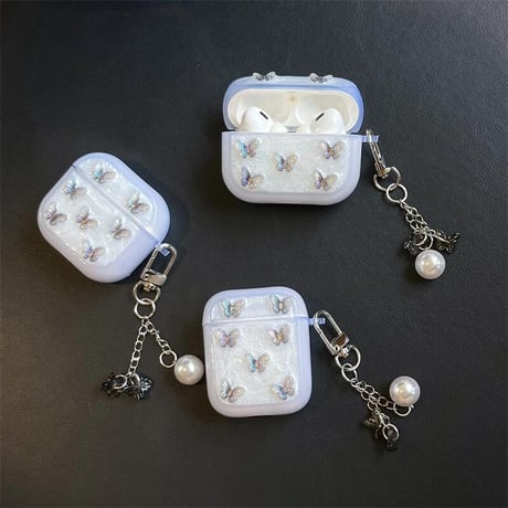 CUTECASE きれい Airpods4ケース 蝶々デコ AirpodsPro2ケース エアーポッズ3/2 キラキラ かわいい キーホルダー付CM5635