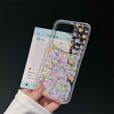 CUTECASE動く液体 iPhone16/16proケース 蝶々 キラキラグリッター入り iPhone14/13pro/12カバー 大人可愛い 夏に人気 人気CM5250