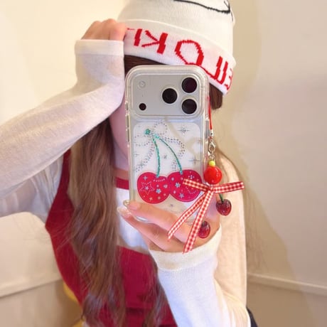 CUTECASE ダイヤデコサクランボ iPhone17pro/17ケース キラキラ感 iPhone16/15proケース 可愛いストラップ 女子力高いCM6040