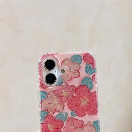 CUTECASEラメ花柄 iphone16/16proケース おしゃれ ピンク iphone15pro/14/13proケース 可愛い 女子力高い CM5023