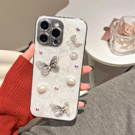 CUTECASEパール/ジュエリー蝶々 iPhone16Pro/16ケース リボンストラップ付 iPhone15Pro/14/13proカバー 華やか 上品 高品質 CM5181