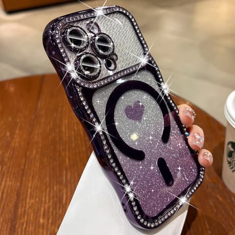 うねうねジュエリーライン iPhone17Pro/17ケース MagSafe対応 ハート柄 iPhone16/15/14ケース ラグジュアリー感 メタリックカラー レンズ保護CM6311