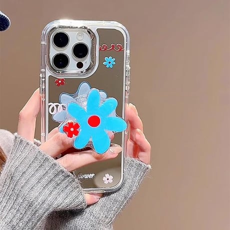CUTECASE花柄 ミラーiPhone16pro/16ケース 花グリップ iphone15pro/14/13proカバー 大人可愛い スタンド付 人気品CM5199