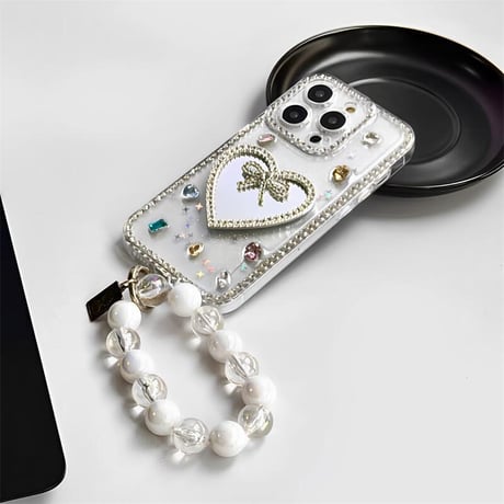 CUTECASE ジュエリーリボン鏡 iPhone16pro/17ケース ダイヤデコ iPhone15promax/14/13カバー 可愛い 女子力高い おしゃれCM5596