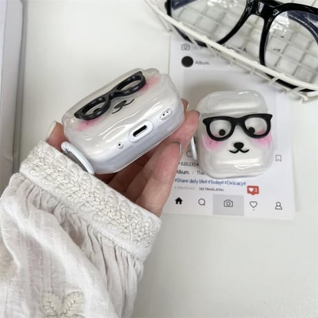 CUTECASEメガネ掛け熊 Airpods4ケース かわいい AirpodsPro2ケース airpods3/2カバー リング付 ギフトにおすすめ CM5315