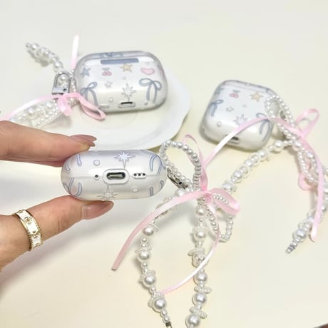 CUTECASE 指紋防止マット仕上げ Airpods Pro3ケース リボン柄 Airpods 4/3カバー AirpodsPro2/1 パールリボンキーホルダー 可愛すぎCM6336