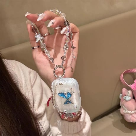 CUTECASEダイヤデコ Airpods 4ケース ブルー蝶 Airpods3/Pro2ケース airpodsproカバー 上品ストラップ付 高級感高品質CM5156