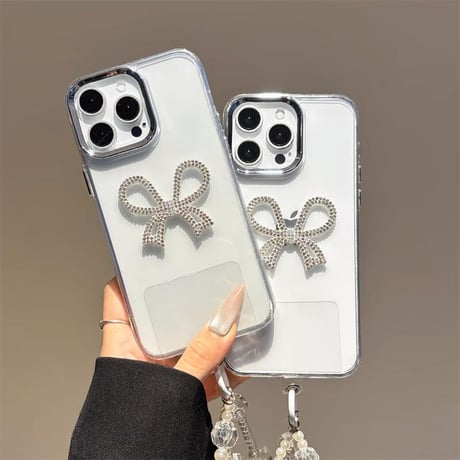 CUTECASEiPhone16e/16proケース ジュエリーリボン 高透明 iPhone15pro/14/SEカバー 可愛いストラップ 便利 高級感たっぷりCM5206