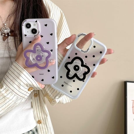 CUTECASE花グリップ アイフォン15Pro/15ケース 水玉模様 iPhone14promax/13ケース スタンド付 指紋防止 CM4530
