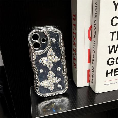 CUTECASEダイヤ蝶 iPhone16pro/16カバー ジュエリーライン iPhone15pro/14/13promaxケース 上品 大人可愛い うねうね CM5364
