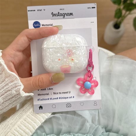 CUTECASEシェル調 Airpods4ケース 花キーチェーン AirpodsPro2ケース airpods3/2ケース 艶感 韓国風 プレゼントにおすすめCM5440