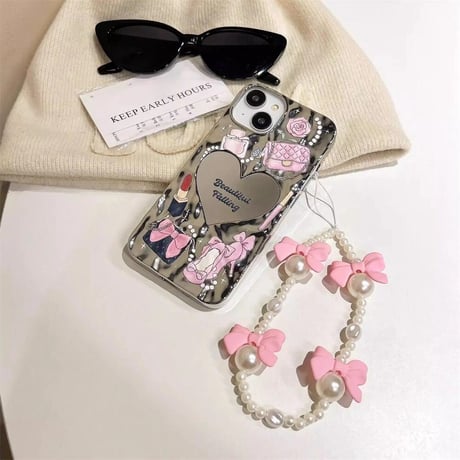 CUTECASEハートミラー iPhone15pro/15promaxケース リボン/パールストラップ付 アイフォン14/13pro/12ケース 可愛い 女子力アップCM4466