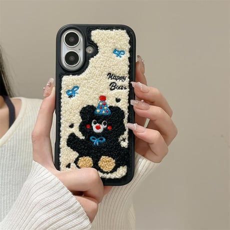 CUTECASE刺繡 熊ちゃん iPhone16/16Proケース 毛織物 iPhone15Pro/14Promax/13カバー 耐衝撃 頑丈 秋冬に流行る CM4815