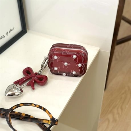 CUTECASEワインレッド Airpods4ケース パールリボン Airpods3/Pro2ケース airpodspro2カバー キーチェーン付 女子力高い 上品CM5119