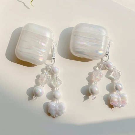 CUTECASE キラキラ感シェル柄 Airpods Pro3ケース リボンキーホルダー Airpods 4/3カバー AirpodsPro2/1 大人可愛い きれいCM6312