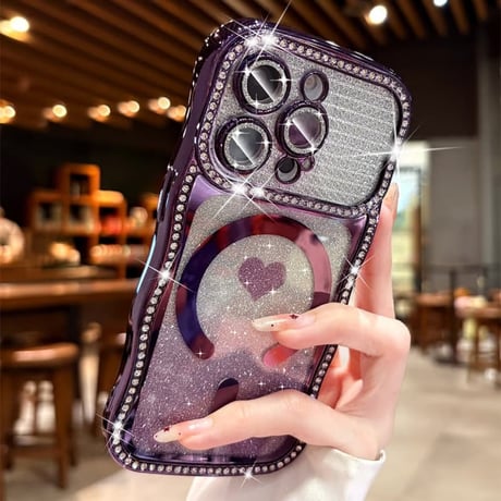 うねうねジュエリーライン iPhone17Pro/17ケース MagSafe対応 ハート柄 iPhone16/15/14ケース ラグジュアリー感 メタリックカラー レンズ保護CM6311