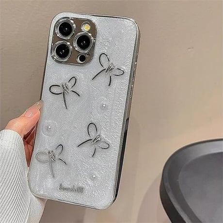 CUTECASE女子力アップ iPhone15Pro/15promaxカバー リボンデコアイフォン14プロ/13/12ケース きれいストラップ 2色 CM4367