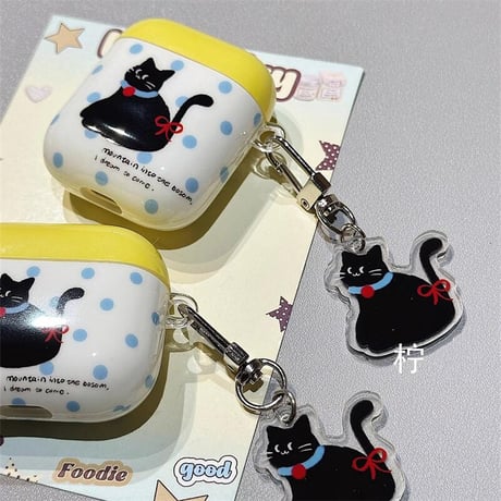 CUTECASE黒猫 Airpods 4ケース 水玉模様 Airpods3/Pro2ケース airpodspro2カバー 猫キーチェーン付 大人可愛い CM5208