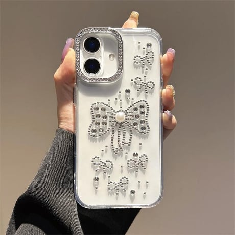 CUTECASEハンドメイド iPhone16pro/16plusケース ダイヤリボンデコ iPhone15promax/14/13カバー オシャレ キラキラCM5456