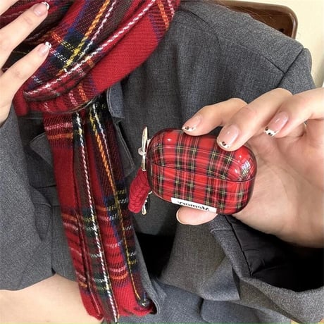CUTECASEチェック柄 Airpods 4ケース リボン/ハートホルダー付き Airpodspro2/proカバー Airpods3/2 丈夫 可愛いCM4963