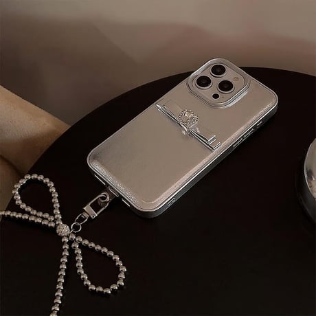 CUTECASEハートダイヤ iPhone15/15proケース 高級感 リボンストラップ iPhone14pro/13/12proケース シルバー 高級感CM4051