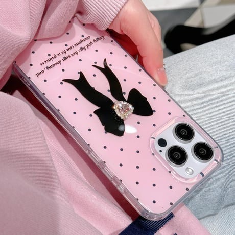 CUTECASEピンク iPhone15/15proケース ハートダイヤデコリボン柄 iPhone14/13pro/12ケース 水玉模様 可愛いCM4069