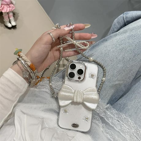 CUTECASEファッションデザインリボンショルダーチェーン iPhone16pro/16ケース ハートダイヤ iPhone15/14pro/13promaxカバー 女子 CM5189