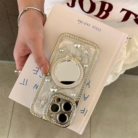 CUTECASE パールリボンミラー iPhone16/17proケース セレブ愛用エレガント iPhone15promax/14/13proカバー ジュエリーデコ ガールズファッション CM5636