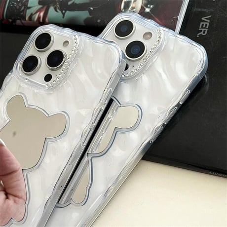 CUTECASE 熊さん鏡面 iPhone17Pro/16ケース ジュエリーデコ iPhone15promax/14/13proカバー 透明 オシャレCM5552