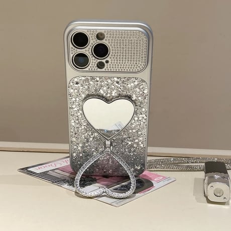 CUTECASE オシャレ便利 iPhone17pro/17ケース ハート型スタンド キラキラ感 iPhone16promax/15proケース ジュエリーストラップ ダイヤカメラカバーCM6243