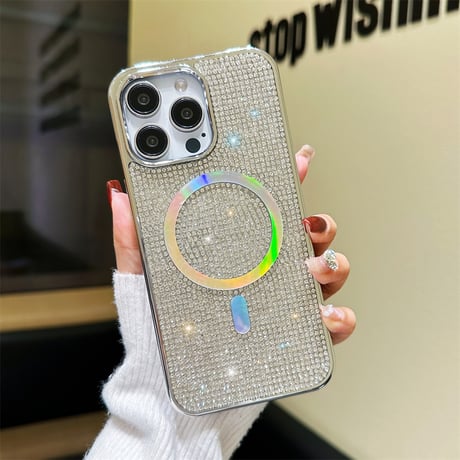 CUTECASE磁気充電iPhone15plus/15proケースグリッター入り ダイヤモンドiPhone14/13pro/12ゴールドシルバーきれいケース C6009