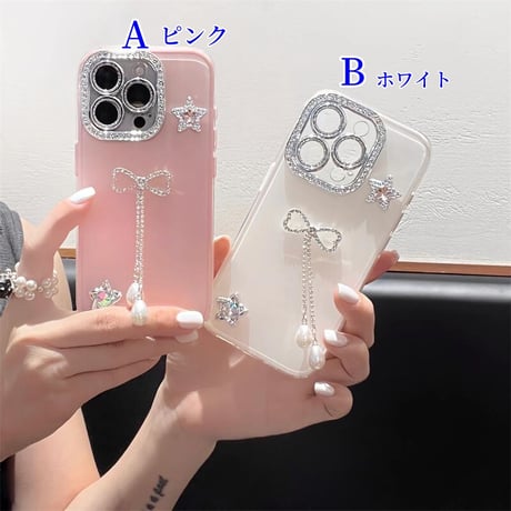 CUTECASEジュエリーリボンフリンジ iPhone16Pro/15/14ケース キラキラレンズカバー iPhone13pro/12カバー ハンドメイド 大人可愛い CM5193