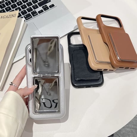 CUTECASE スタンド付ミラー iPhone17pro/17ケース 革製 メイク直し鏡付 iPhone16ProMax/15/14カバー 耐衝撃 多機能CM6032