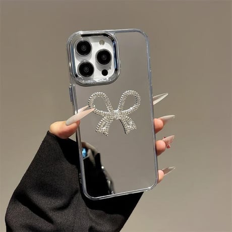 CUTECASEミラー iPhone16e/16proケース ジュエリーリボン iPhone15pro/14/SEカバー 可愛いパールストラップ 高級感CM5220