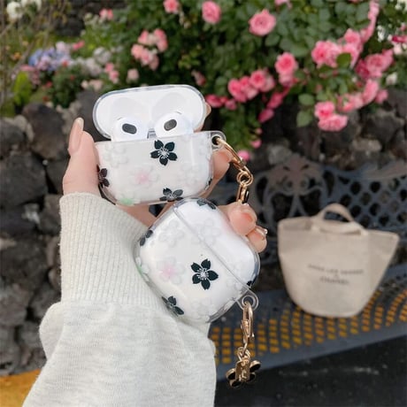 CUTECASE 春花 Airpods 4ケース 透明 Airpods3/Pro2ケース airpodspro2カバー 女子力UP 花キーチェーン付 大人可愛いCM5235