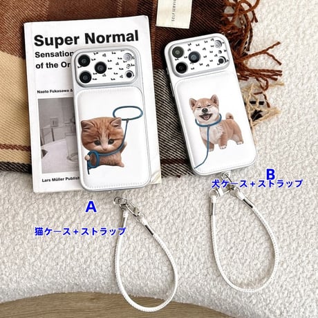 CUTECASE カップルペア iPhone17Pro/17ケース 猫/犬ちゃん iPhone16/15Pro/14ケース カメラカバー付 レザーストラップ お揃いコーデCM6031