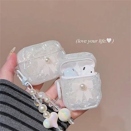 CUTECASEパールリボン Airpods 4ケース シェル柄 Airpods3/Pro2ケース airpodspro2カバー パールキーチェーン付 大人可愛い 高級感CM5249