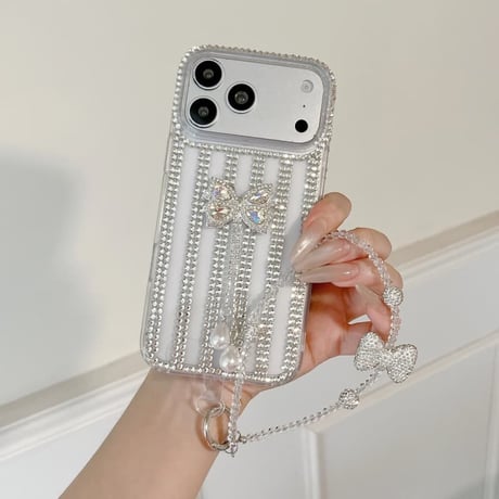 CUTECASE ジュエリー iPhone17Promaxケースフリンジダイヤリボン iPhone16Pro/15/14ース 豪華 リボンストラップ付CM6521